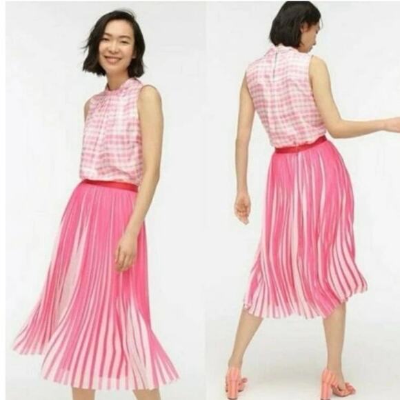 J Crew Size 8 Pleated Midi Skirt Peekaboo Stripe Fuschia Pink White AJ984 - Picture 1 of 5
